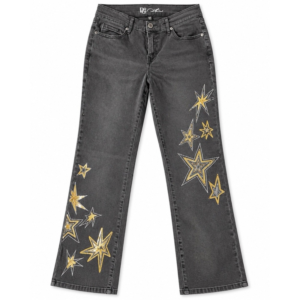 D2 David Kahn Womens 10P Black Star Embellished Stretch Jeans Petite Y2K Flare